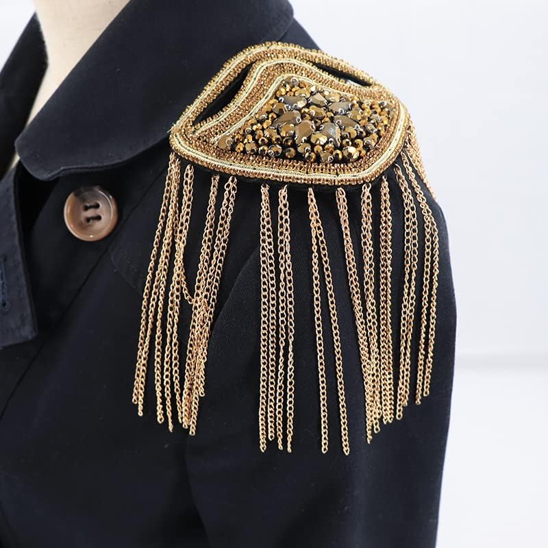 Zthread Crystal Beaded Shoulder Epaulete Badge Rhinestone Shoulder Brooch Pin Gold Chain Tassel Fringe Shoulder Epaullette (Gold) - Image 4